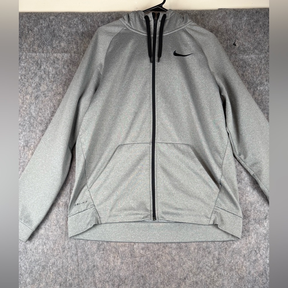 Nike‎ Dri-Fit Hoodie Men's L Heather Grey Setin Logo Print Long Sleeve Full Zip